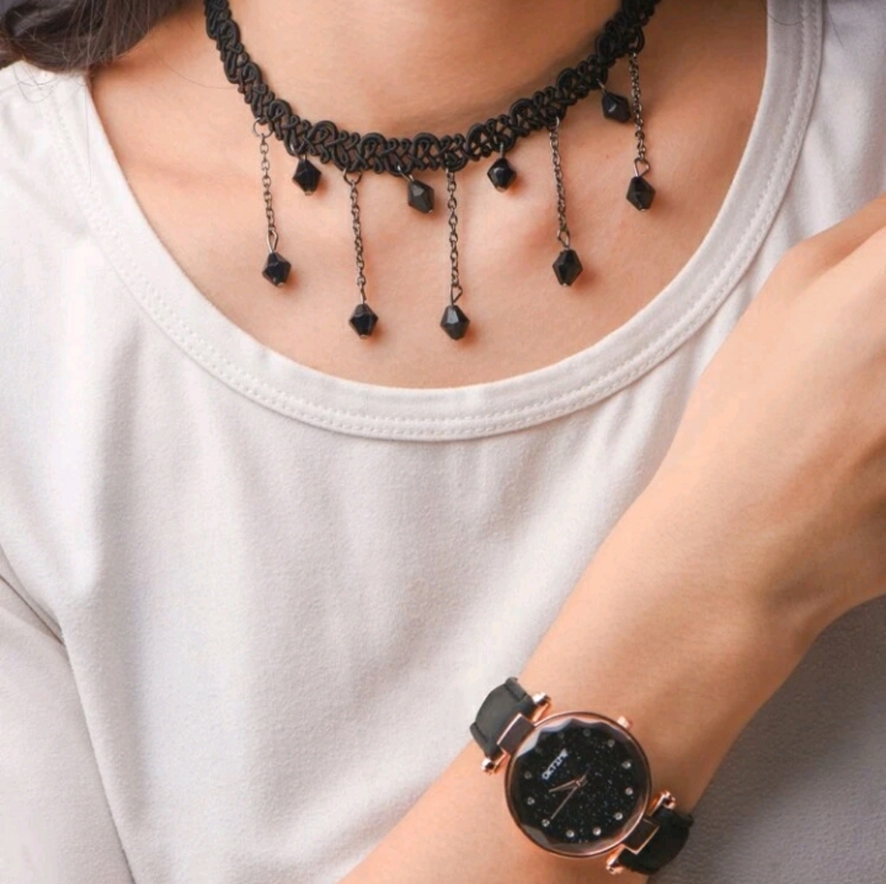 New Starry Sky Dial Round Pointer Quartz Watch and Necklace Set